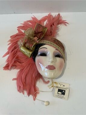 Vintage 1992 Clay Art Mask Pink Ribbons Feathers Musical The Rose Ceramic